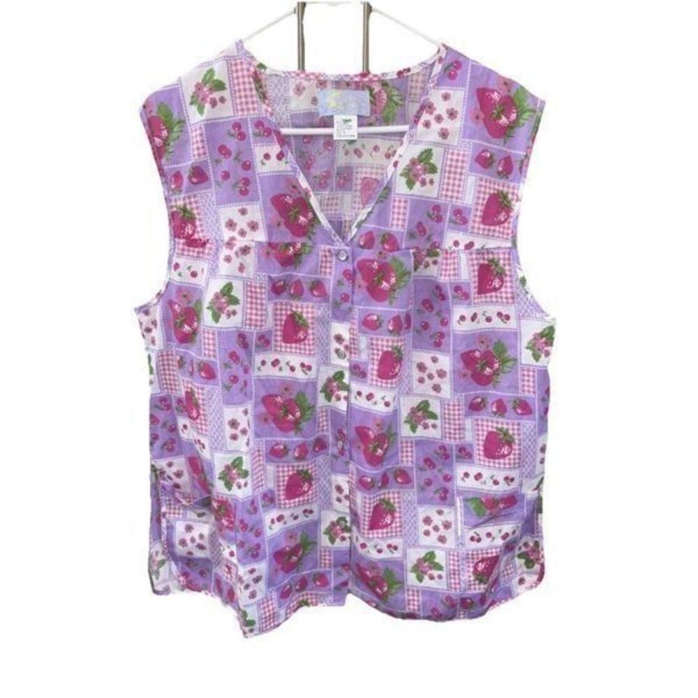 Vintage Apron Shirt 60's 70's Strawberry Fabric Smock Top Snap Front Pocket 1X